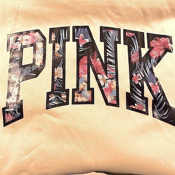 Tops - NWT 🌺 KHAKI TAN “PINK” OVERSIZED FLORAL LETTERED HOODED SWEATSHIRT Sz Women’s L